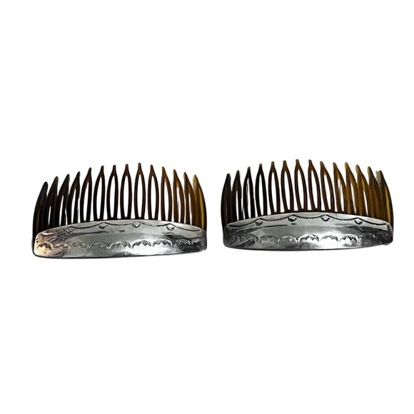 Vintage Navajo Sterling Silver Hair Combs Pair Hand Stamped Artisan Signed LP - Picture 2 of 13